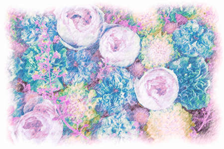 Colored pencil drawing of pink and blue flowers.の写真素材