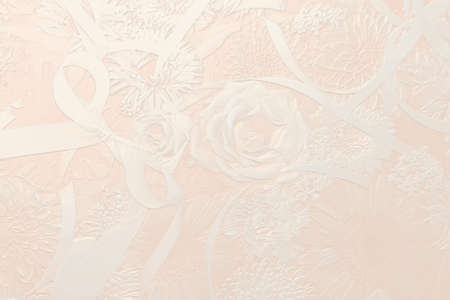 Pale pink background with flowers and ribbon. 3D illustration. 3D renderの写真素材