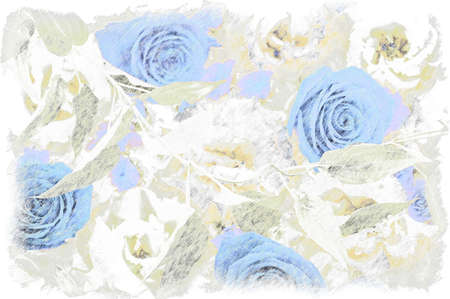 Blue roses and white lisianthus drawn with colored pencils.の写真素材