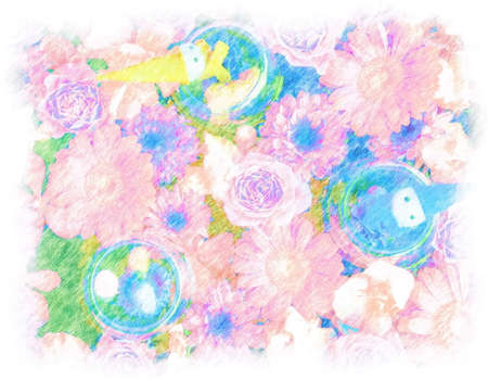 Colored pencil drawings of colorful flowers and small dollsの写真素材