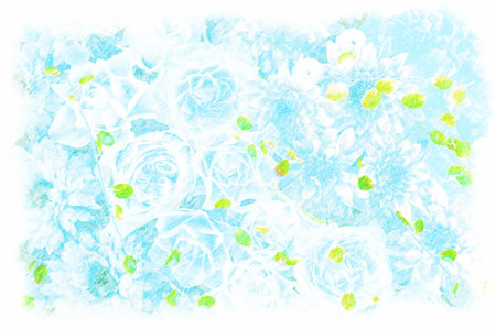 Blue roses and dahlias drawn with colored pencils.の写真素材