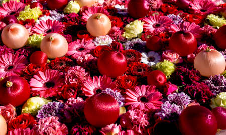 Colorful Flowers and Christmas Ornamentsの写真素材