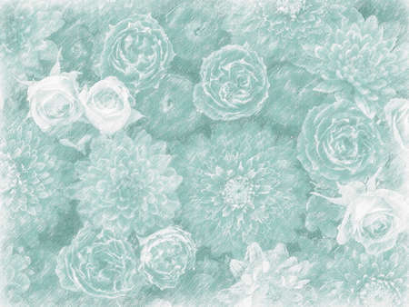 Flowers and apples drawn with colored pencilsの写真素材