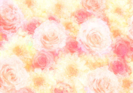 Pink roses and yellow dahlias painted in pastelの写真素材