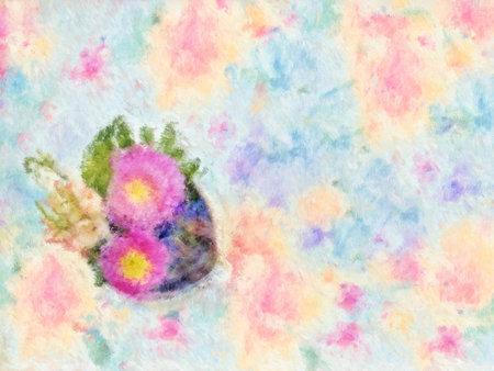 Flowers in a sugar pot on a floral tablecloth. Still life drawn with an impressionist touchの写真素材