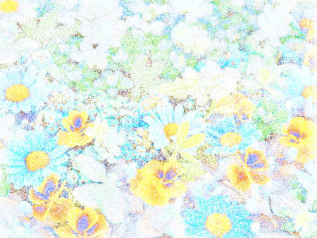 Stippling art. Yellow violas and blue daisies. Floral background in dotwork style.の写真素材