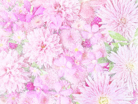 Stippling art.Pink dahlias, orchids, chrysanthemums. Floral background in dotwork style.の写真素材