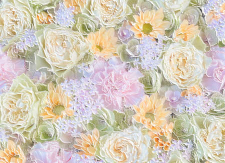Cloisonne-like floral reliefs (roses, carnations, hydrangeas). 3D illustration. 3D renderの写真素材