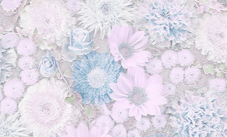 Relief of blue flowers(gerbera, rose, mum) . Ceramic plate styleの写真素材