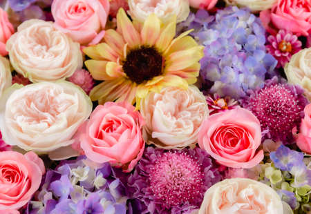 Close-up beautiful bouquet of mixed flowers. Floral Backgrounds in Gentle Colorsの写真素材
