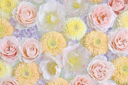 Relief of white, yellow and pink flowers. Ceramic plate styleの写真素材