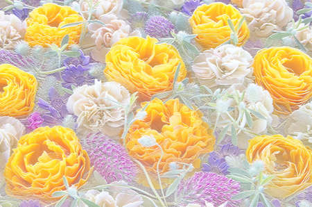 Relief of white, yellow and purple flowers. Ceramic plate styleの写真素材
