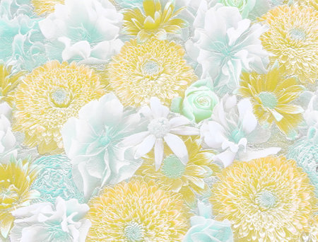 Relief of white, yellow and blue flowers. Ceramic plate styleの写真素材