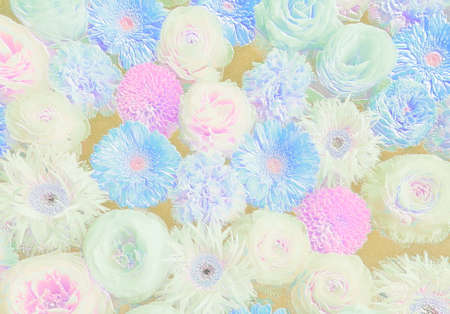 Relief of white, blue and pink flowers on gold background. Ceramic plate styleの写真素材