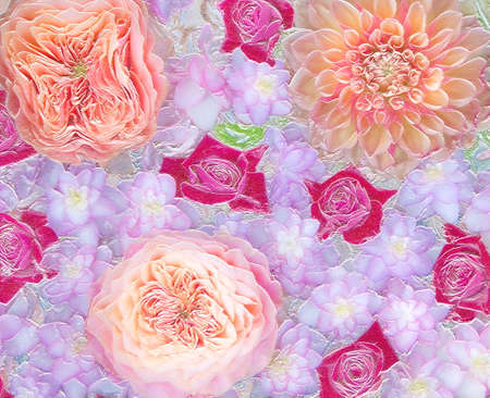 Relief of orange, red and pink flowers. Ceramic plate style. 3D illustration. 3D renderの写真素材