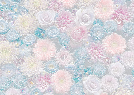 White, blue and pink flowers on silver background. Metallic relief. 3D illustration. 3D renderの写真素材