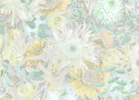 Relief of yellow and green flowers with leaves. Floral backbround. 3D illustration. 3D renderの写真素材