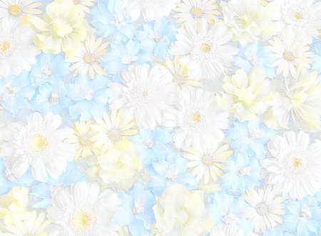 Relief of yellow, blue and white flowers with leaves. Floral backbround. 3D illustration. 3D renderの写真素材