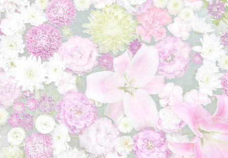 Relief of Lilies, lisianthus and chrysanthemums. Floral backbround. 3D illustration. 3D renderの写真素材