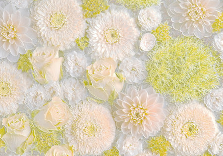 Relief of roses, dahlias and mums. Floral background. 3D illustration. 3D renderの写真素材