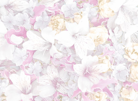 Relief of alstroemeria, hydrangea and gloriosa. Floral background. 3D illustration. 3D renderの写真素材