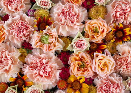 Beautiful wedding flower background. Arrangement of gazania, roses and carnationsの写真素材