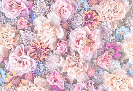 Relief of gazania, roses and carnations. Floral background. 3D illustration. 3D renderの写真素材