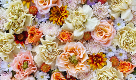 Beautiful wedding flower background. Arrangement of gazania, roses and carnationsの写真素材