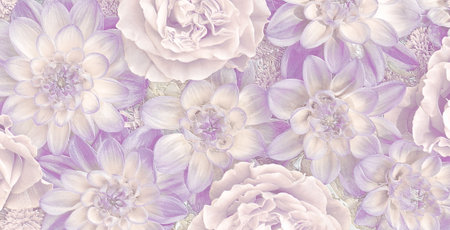 Relief of roses and dahlias in retro tone. Purple floral background. 3D illustration. 3D renderの写真素材