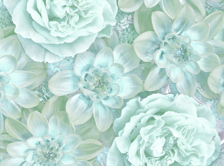 Relief of roses and dahlias in retro tones. Mint green floral background. 3D illustration. 3D renderの写真素材