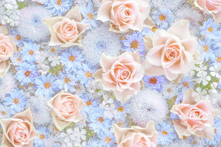 Relief of roses and chrysanthemums. Floral background. 3D illustration. 3D renderの写真素材