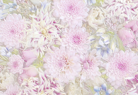 Relief of pink and blue flower arrangement. Dahlia, rose, gentian. 3D illustration. 3D renderの写真素材