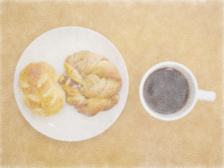 Illustration of bread and coffee with fibrous textureの写真素材
