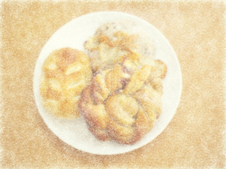 Pastries and bread roll on a white plate. Hand drawn sketch.の写真素材