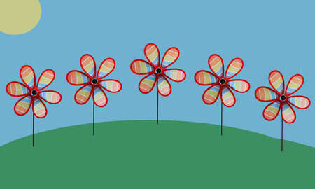 Whimsical windmills on Landscape with Sunの写真素材