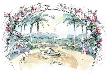 pergola with rosesの写真素材