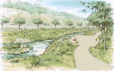 walkway along the creekの写真素材