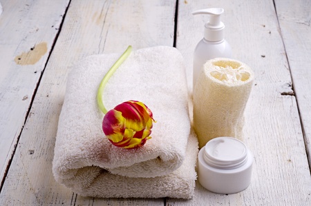 towel and toiletriesの写真素材