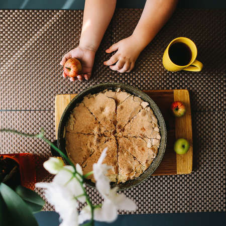 An apple pie and apples.  View from aboveの写真素材
