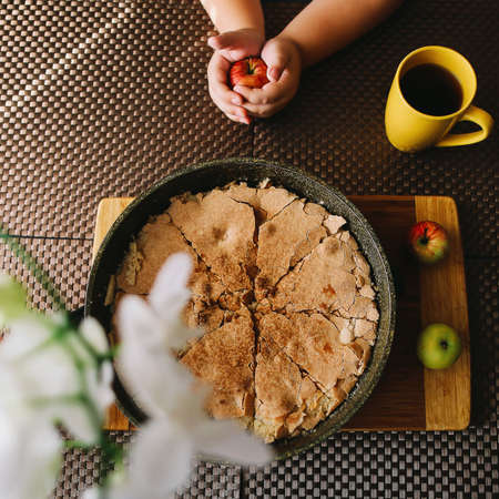 An apple pie and apples.  View from aboveの写真素材