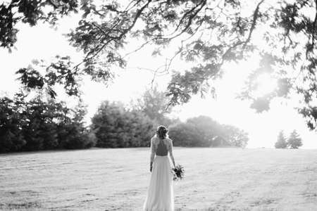 Black and white portrait of a bride standing in the field at sunset. Wedding photoの写真素材