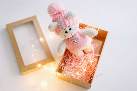 Handmade knitted toy  on white background.の写真素材