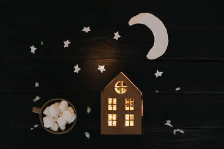 Christmas composition on the wooden background. New year 2019. Top view, flat layの写真素材