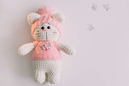 Handmade knitted toy  on white background.の写真素材