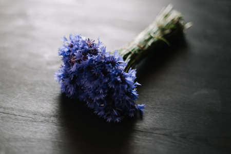 bouquet of cornflowers on a dark background. wedding details, bridal bouquet. wild flowersの写真素材