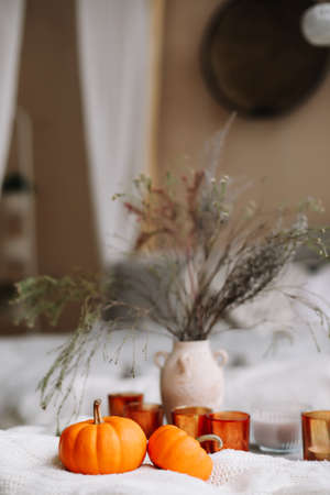 Autumn composition. Pumpkins, candles and dried flowers. Autumn, fall, halloween concept. Flat lay, top viewの写真素材