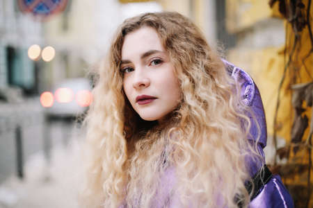 A beautiful girl in the street in Kiev, Ukraine. December 4, 2018のeditorial素材