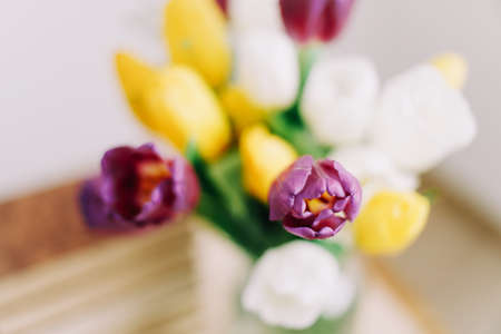 Bouquet of beautiful tulips. Mix of spring tulips flowers. Fresh Tulip Bouquet  on white background. Spring flowers.の写真素材