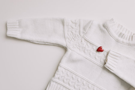 Top view white woolen sweater with a red heart. Love, romance, Valentines Day concept. Flat lay, copy spaceの写真素材