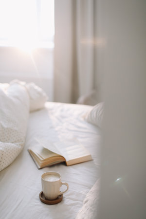 Coffee cup with milk foam and a book on a white bedsheet.の写真素材